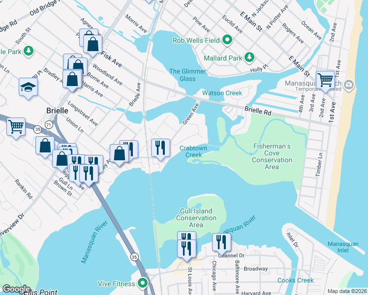 map of restaurants, bars, coffee shops, grocery stores, and more near 4 Crescent Drive in Brielle