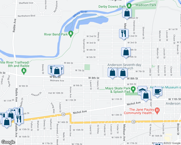 map of restaurants, bars, coffee shops, grocery stores, and more near 1507 West 7th Street in Anderson