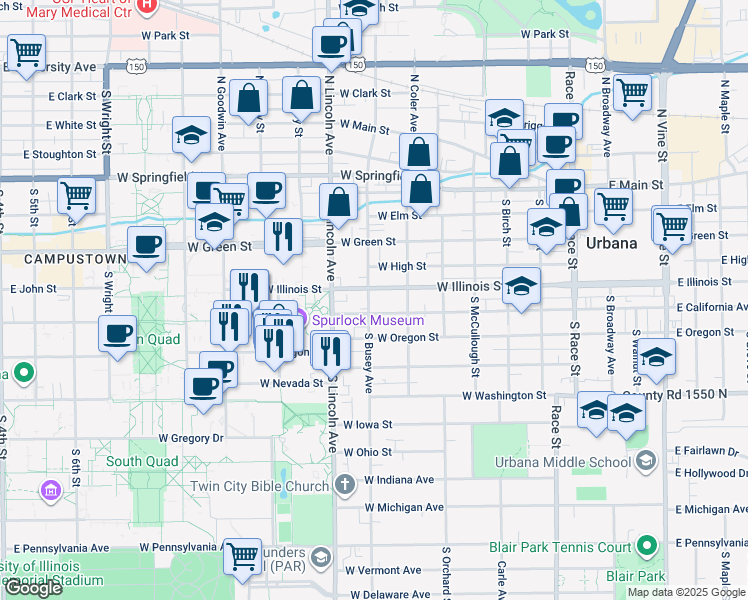 map of restaurants, bars, coffee shops, grocery stores, and more near 504 South Busey Avenue in Urbana