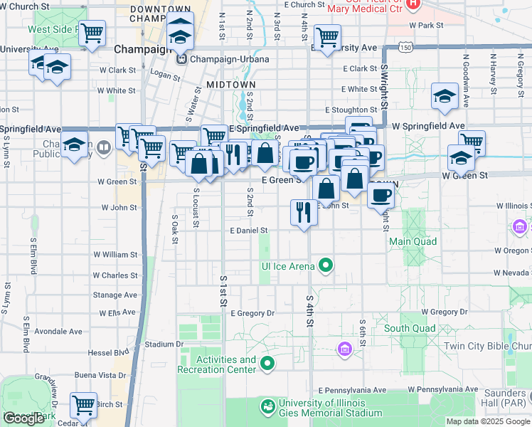 map of restaurants, bars, coffee shops, grocery stores, and more near 845 South 3rd Street in Champaign