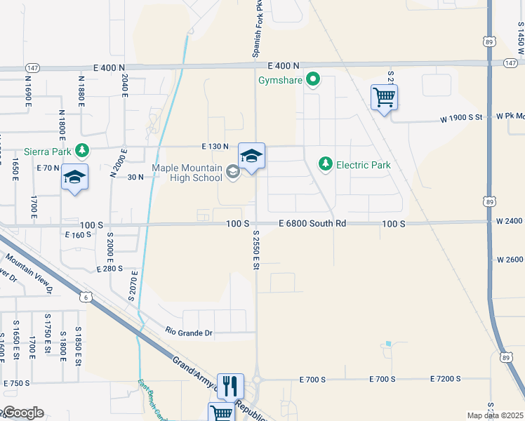 map of restaurants, bars, coffee shops, grocery stores, and more near 72 South 2560 East in Spanish Fork