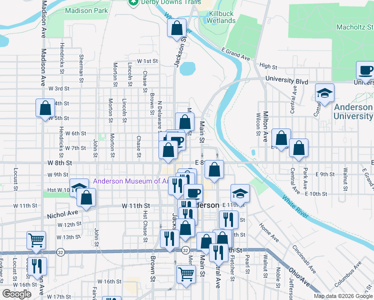 map of restaurants, bars, coffee shops, grocery stores, and more near 710 Jackson Street in Anderson