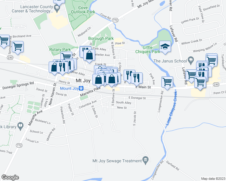 map of restaurants, bars, coffee shops, grocery stores, and more near 8 South Barbara Street in Mount Joy