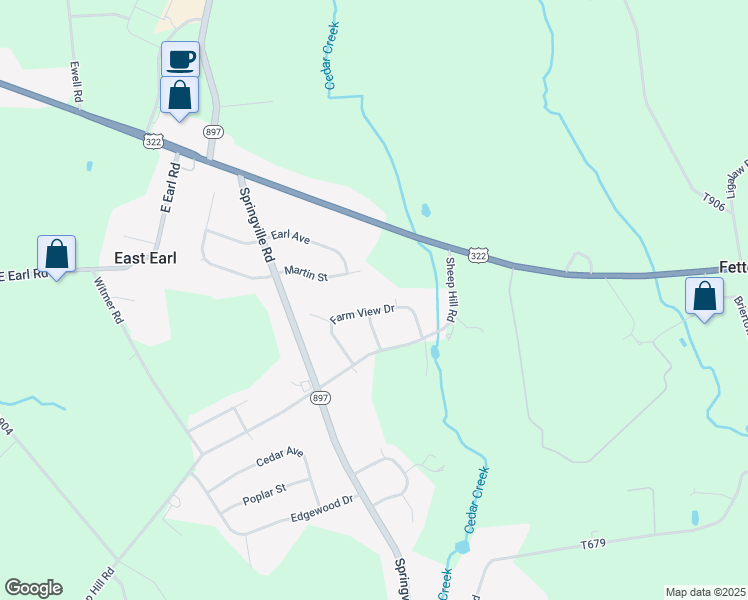map of restaurants, bars, coffee shops, grocery stores, and more near 349 Farm View Drive in East Earl