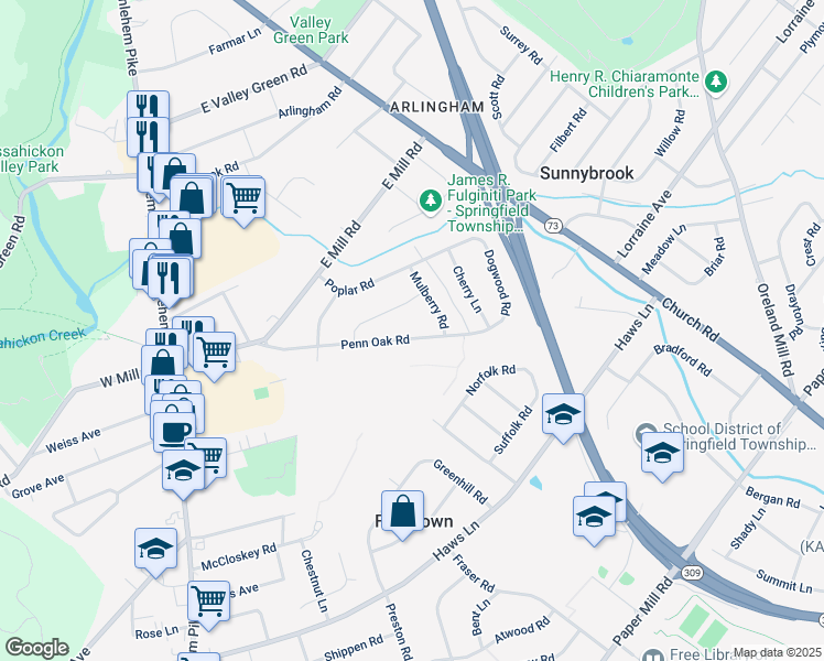 map of restaurants, bars, coffee shops, grocery stores, and more near 305 Penn Oak Road in Flourtown