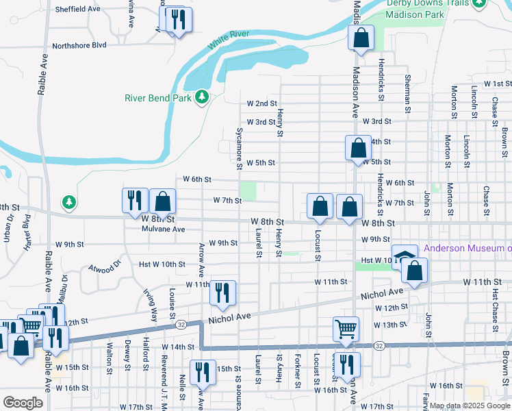 map of restaurants, bars, coffee shops, grocery stores, and more near 1509 West 7th Street in Anderson