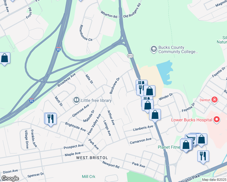 map of restaurants, bars, coffee shops, grocery stores, and more near 3510 Rockview Drive in Bristol