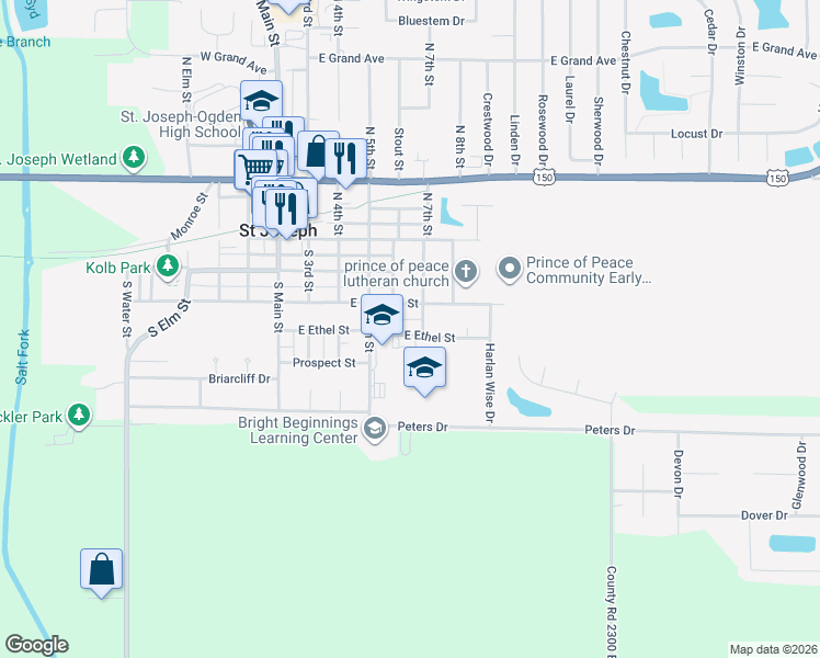 map of restaurants, bars, coffee shops, grocery stores, and more near 606 East Ethel Street in Saint Joseph
