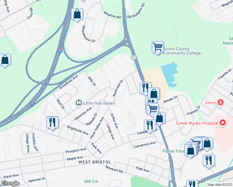 map of restaurants, bars, coffee shops, grocery stores, and more near 3510 Rockview Drive in Bristol