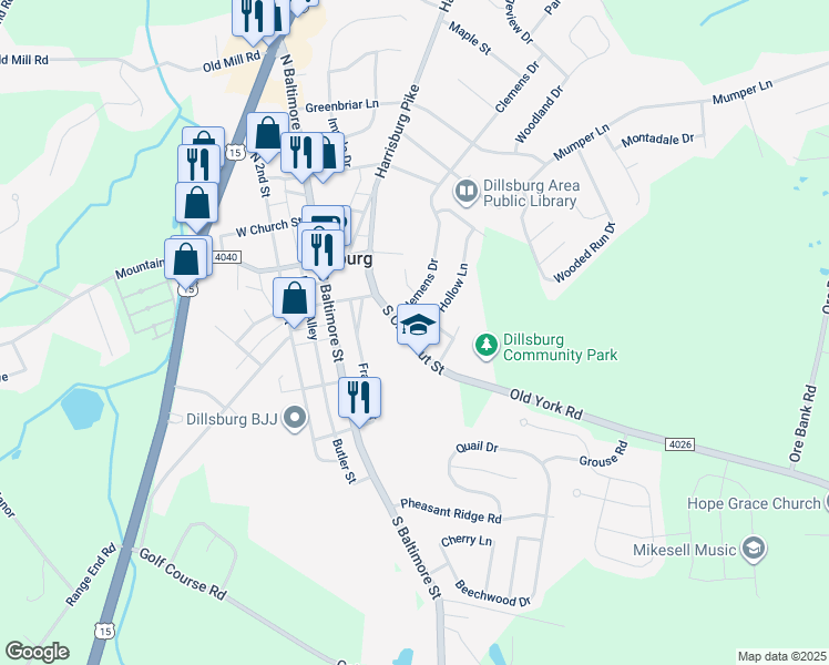 map of restaurants, bars, coffee shops, grocery stores, and more near 141 South Chestnut Street in Dillsburg