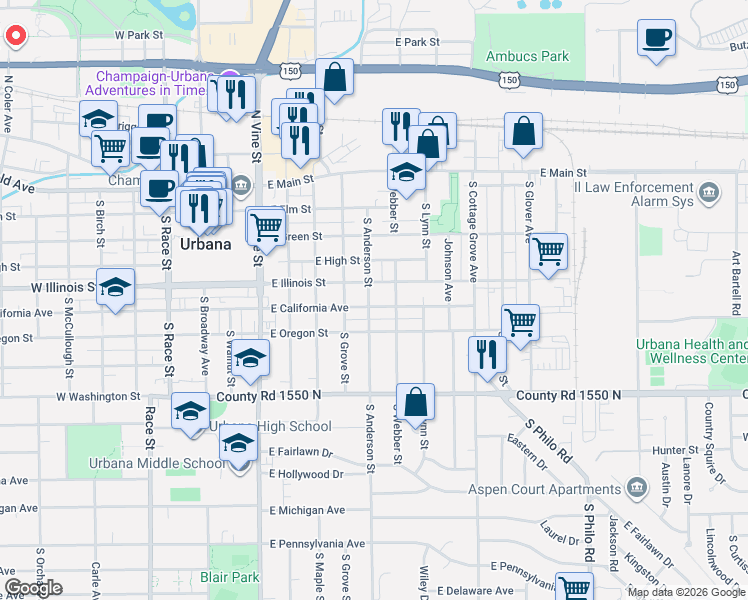 map of restaurants, bars, coffee shops, grocery stores, and more near 702 East California Avenue in Urbana