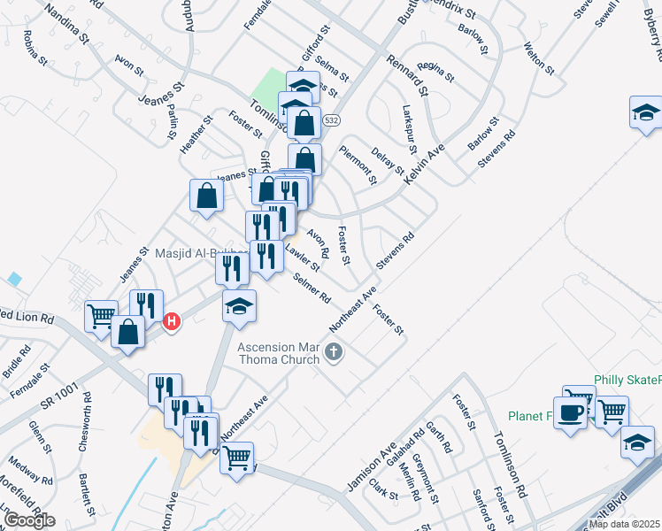 map of restaurants, bars, coffee shops, grocery stores, and more near 843 Avon Street in Philadelphia