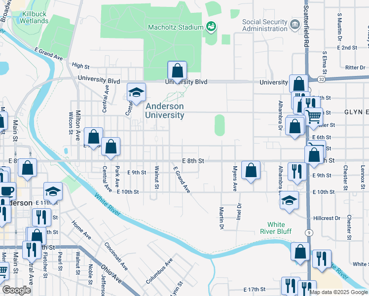 map of restaurants, bars, coffee shops, grocery stores, and more near 1303 East 7th Street in Anderson