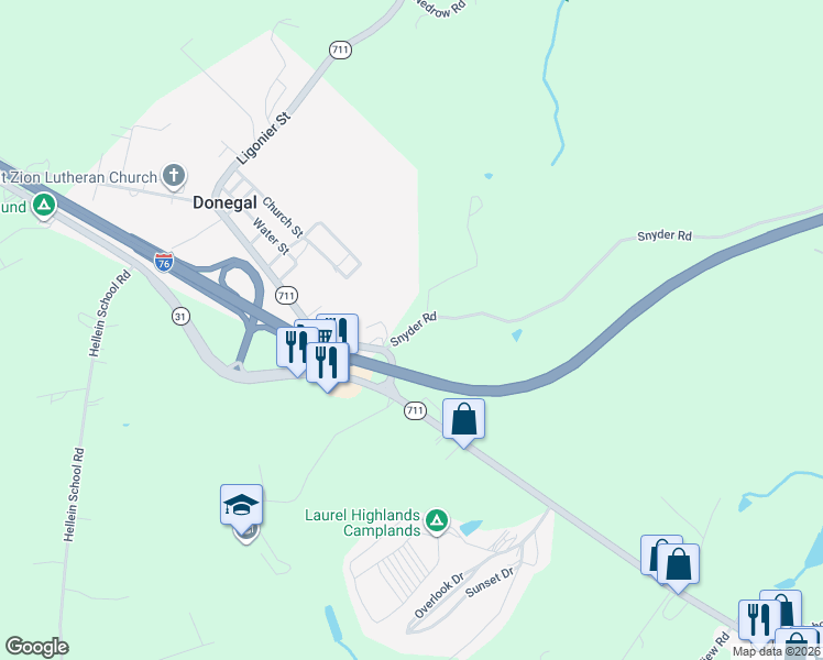 map of restaurants, bars, coffee shops, grocery stores, and more near 111 Snyder Road in Donegal