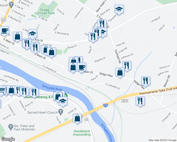 map of restaurants, bars, coffee shops, grocery stores, and more near 959 East Main Street in Norristown