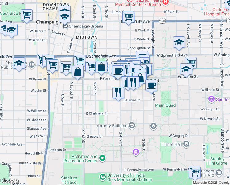 map of restaurants, bars, coffee shops, grocery stores, and more near 309 East John Street in Champaign