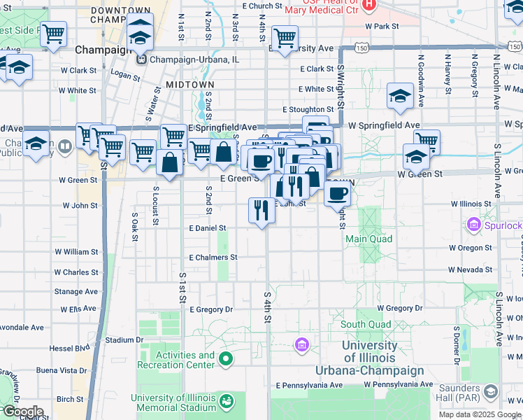 map of restaurants, bars, coffee shops, grocery stores, and more near 801 South 4th Street in Champaign