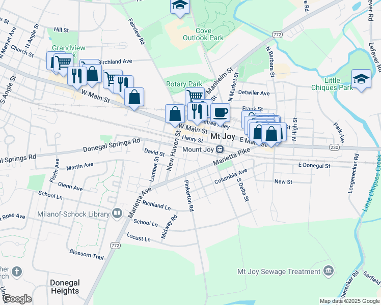 map of restaurants, bars, coffee shops, grocery stores, and more near 48 West Donegal Street in Mount Joy