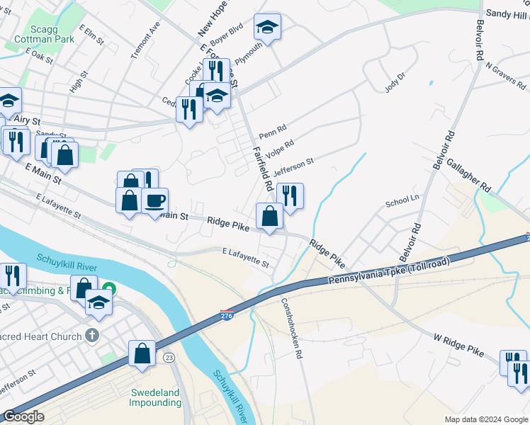 map of restaurants, bars, coffee shops, grocery stores, and more near 301 Fairfield Road in Plymouth Meeting
