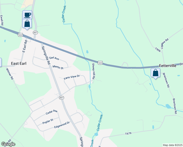 map of restaurants, bars, coffee shops, grocery stores, and more near 1395 Sheep Hill Road in East Earl