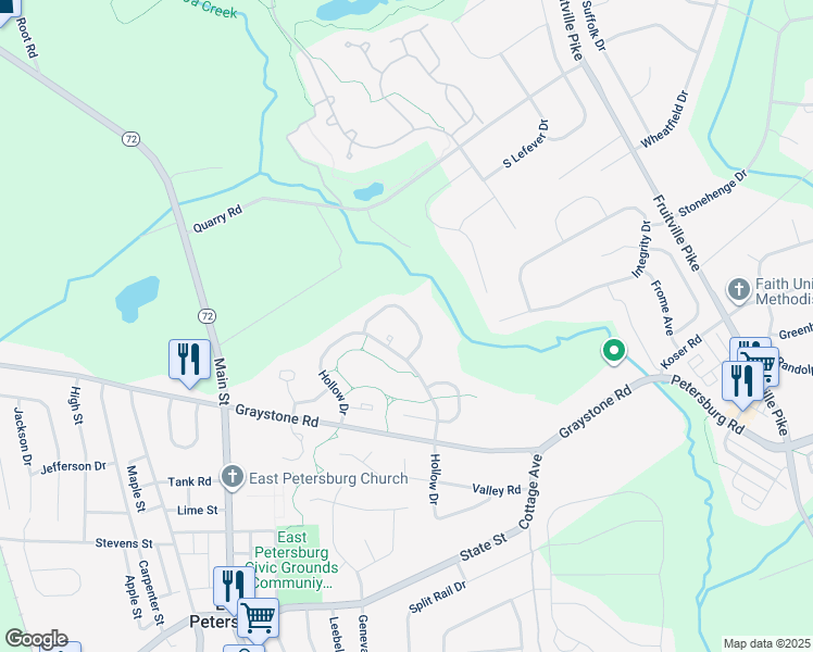 map of restaurants, bars, coffee shops, grocery stores, and more near 2627 Northfield Drive in East Petersburg