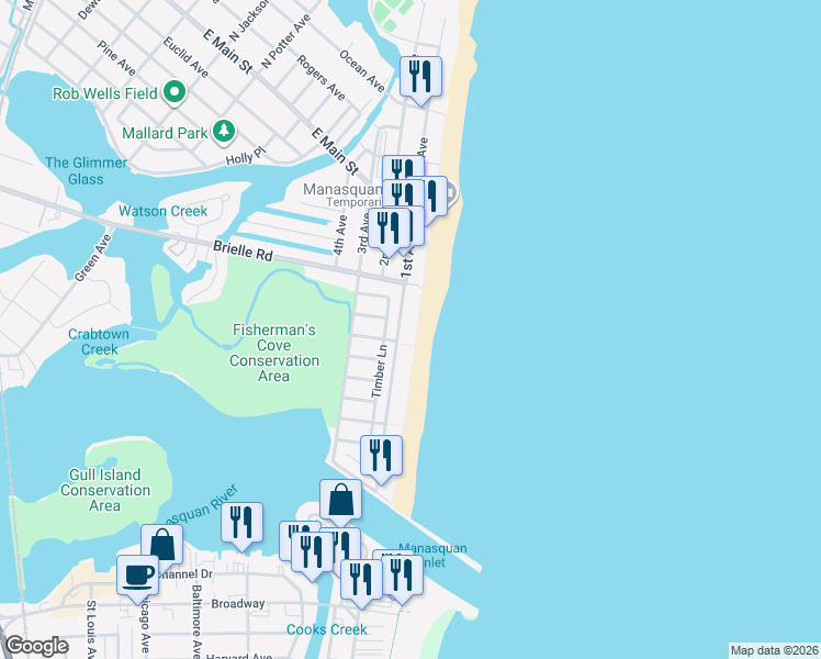 map of restaurants, bars, coffee shops, grocery stores, and more near 297 Beach Front in Manasquan
