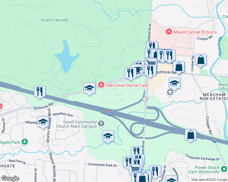 map of restaurants, bars, coffee shops, grocery stores, and more near 6810 Oak Creek Drive in Columbus