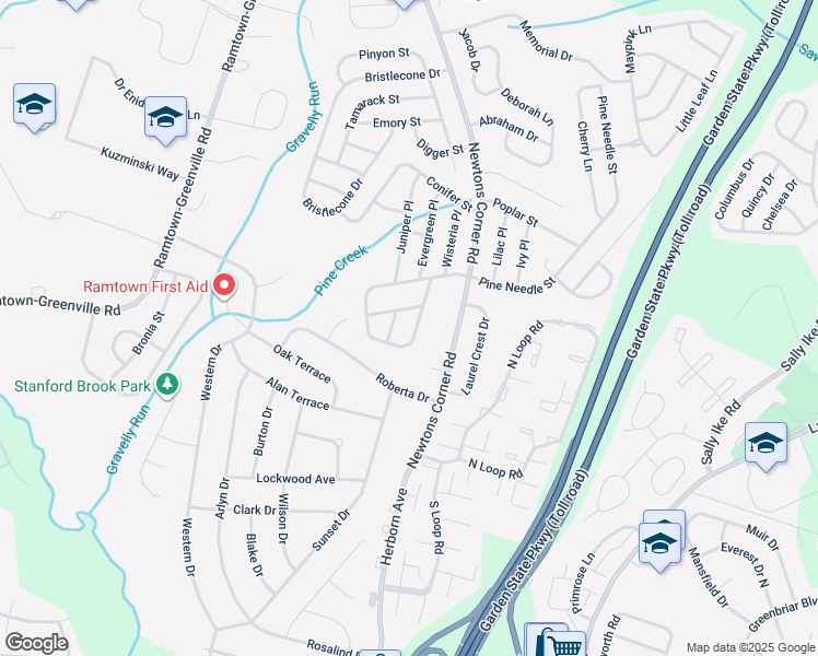 map of restaurants, bars, coffee shops, grocery stores, and more near 16 Pine Needle Street in Howell Township