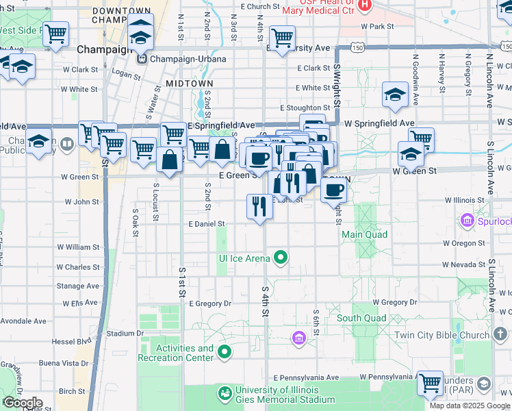 map of restaurants, bars, coffee shops, grocery stores, and more near 313 East John Street in Champaign