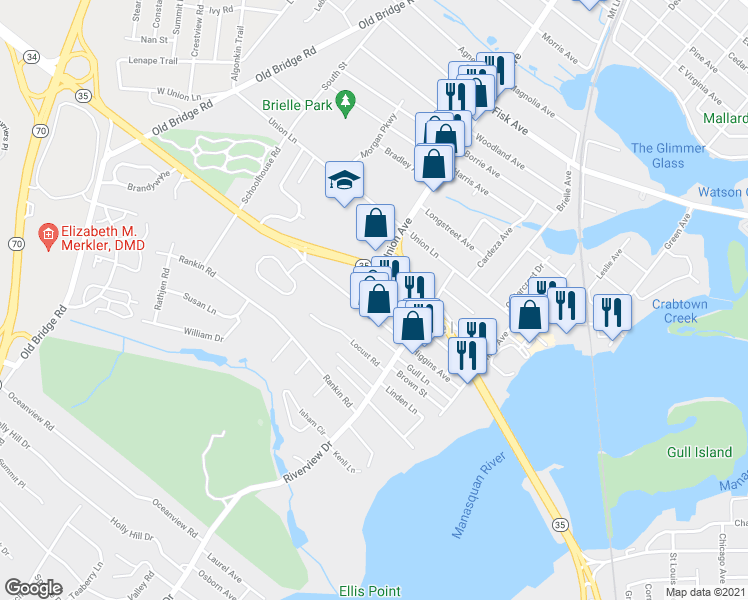 map of restaurants, bars, coffee shops, grocery stores, and more near 613 Higgins Avenue in Brielle