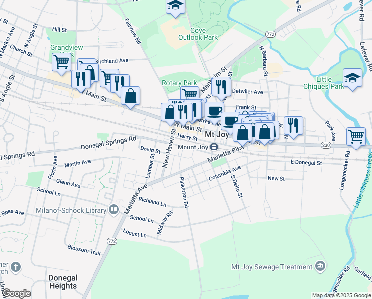 map of restaurants, bars, coffee shops, grocery stores, and more near 48 West Donegal Street in Mount Joy