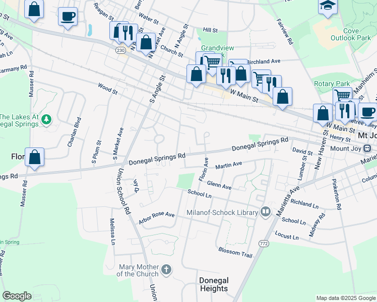map of restaurants, bars, coffee shops, grocery stores, and more near 600 Donegal Springs Road in Mount Joy