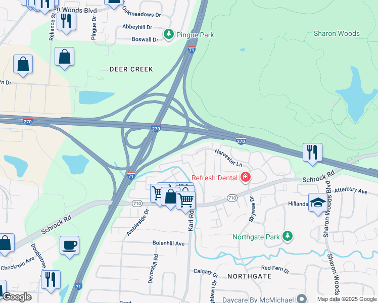 map of restaurants, bars, coffee shops, grocery stores, and more near 6998 Spring House Lane in Columbus