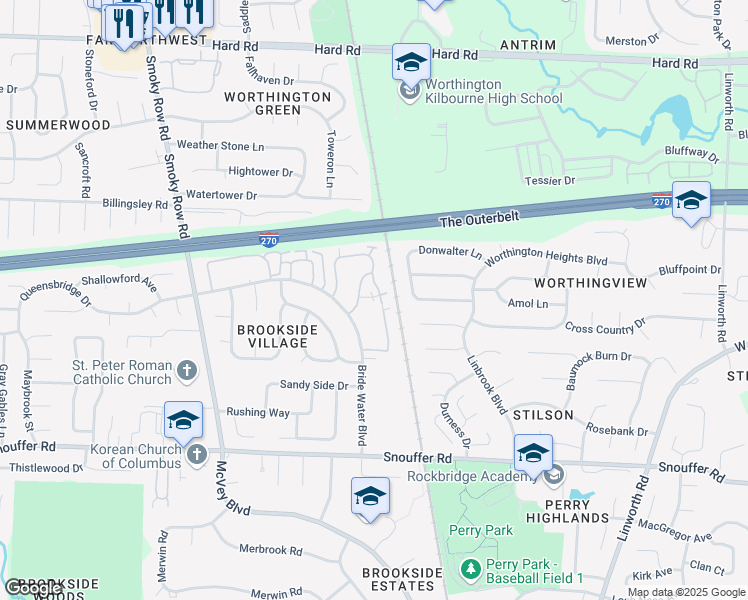 map of restaurants, bars, coffee shops, grocery stores, and more near 7342 Bride Water Boulevard in Columbus