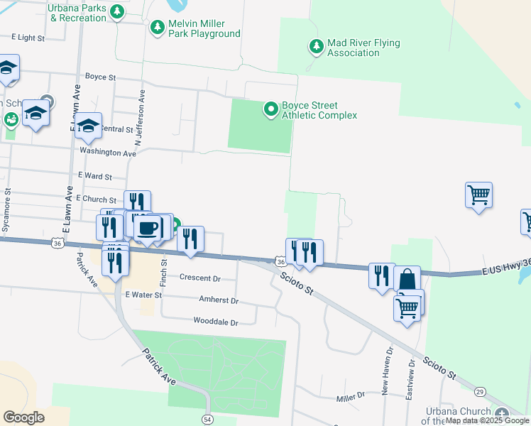 map of restaurants, bars, coffee shops, grocery stores, and more near 214 Berwick Drive in Urbana