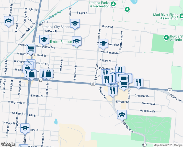 map of restaurants, bars, coffee shops, grocery stores, and more near 567 East Court Street in Urbana