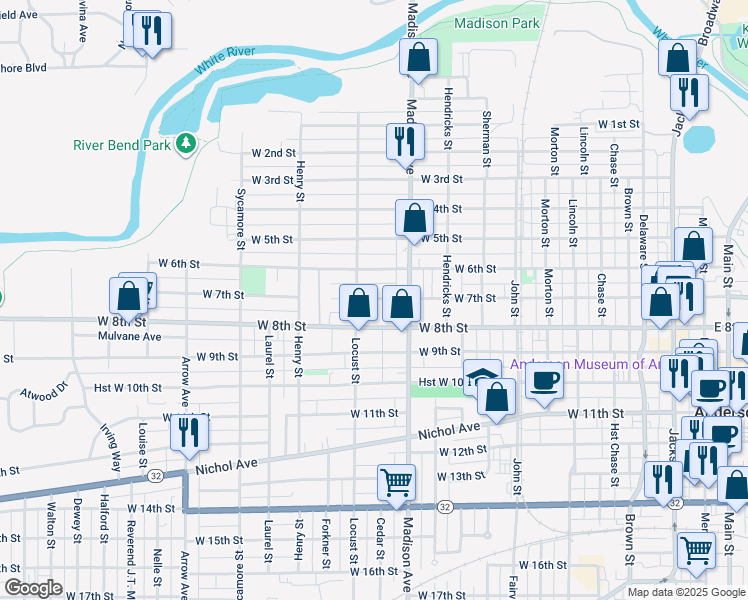 map of restaurants, bars, coffee shops, grocery stores, and more near 1109 West 7th Street in Anderson