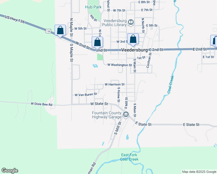 map of restaurants, bars, coffee shops, grocery stores, and more near 313 West Van Buren Street in Veedersburg