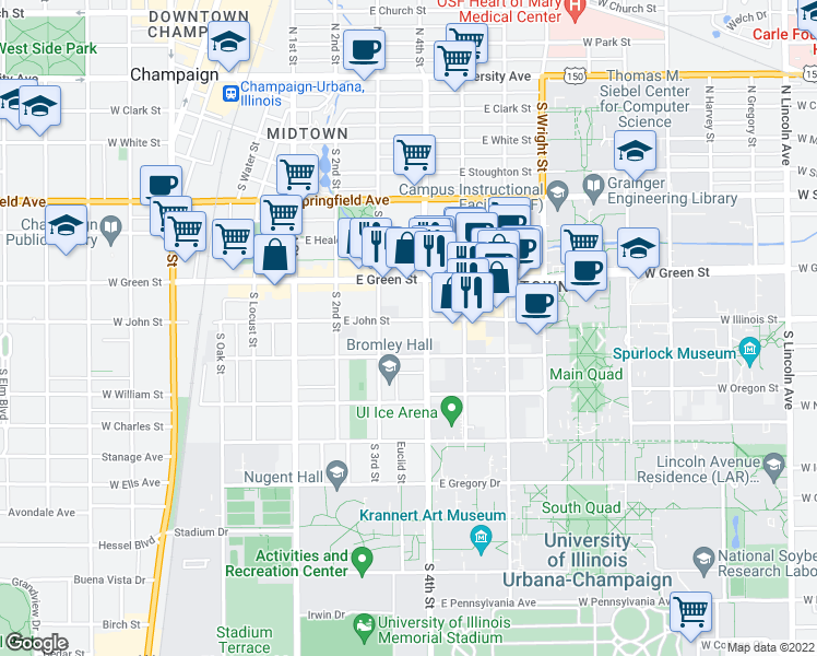 map of restaurants, bars, coffee shops, grocery stores, and more near 306 East Daniel Street in Champaign