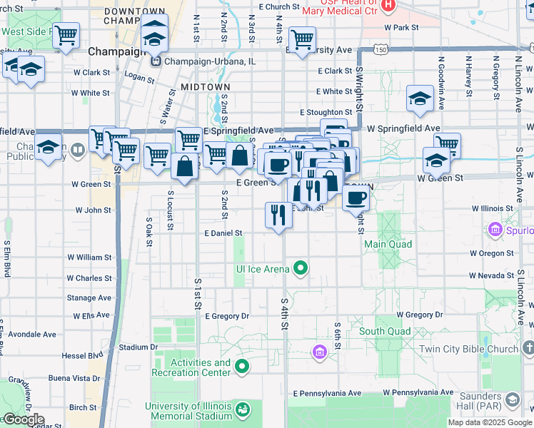 map of restaurants, bars, coffee shops, grocery stores, and more near 306 East Daniel Street in Champaign