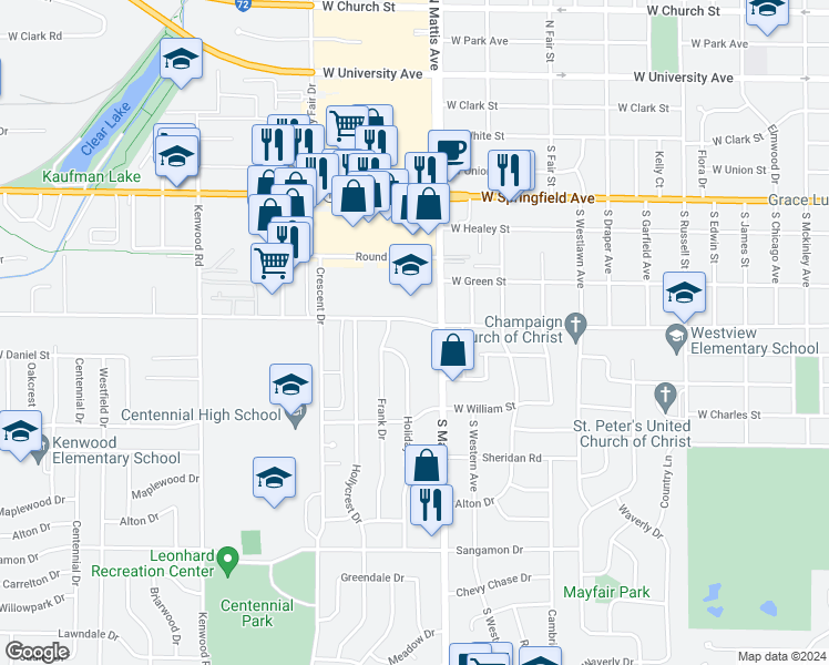 map of restaurants, bars, coffee shops, grocery stores, and more near 806 Holiday Drive in Champaign