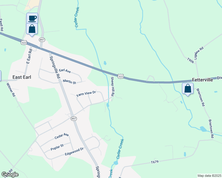 map of restaurants, bars, coffee shops, grocery stores, and more near 1395 Sheep Hill Road in East Earl