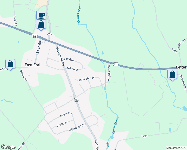 map of restaurants, bars, coffee shops, grocery stores, and more near 349 Farm View Drive in East Earl