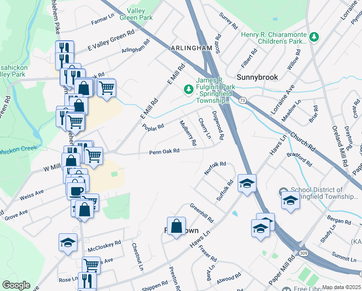 map of restaurants, bars, coffee shops, grocery stores, and more near 305 Penn Oak Road in Flourtown