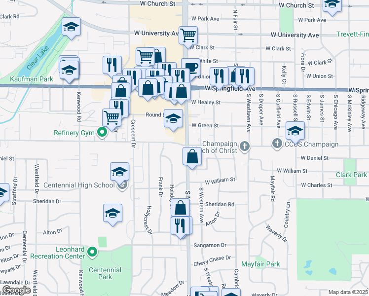 map of restaurants, bars, coffee shops, grocery stores, and more near 1713 West John Street in Champaign
