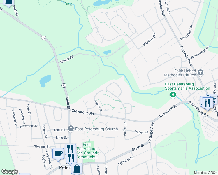 map of restaurants, bars, coffee shops, grocery stores, and more near 2655 Northfield Drive in East Petersburg
