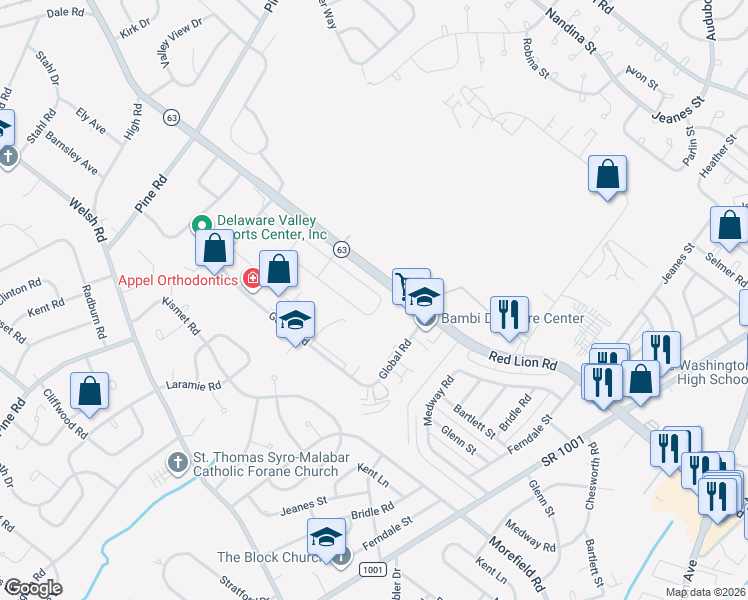 map of restaurants, bars, coffee shops, grocery stores, and more near 9903 Player Drive in Philadelphia