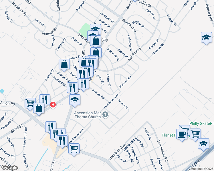 map of restaurants, bars, coffee shops, grocery stores, and more near 1028 Foster Street in Philadelphia