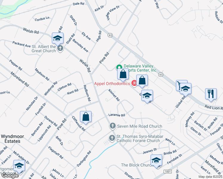 map of restaurants, bars, coffee shops, grocery stores, and more near 429 Kismet Road in Philadelphia