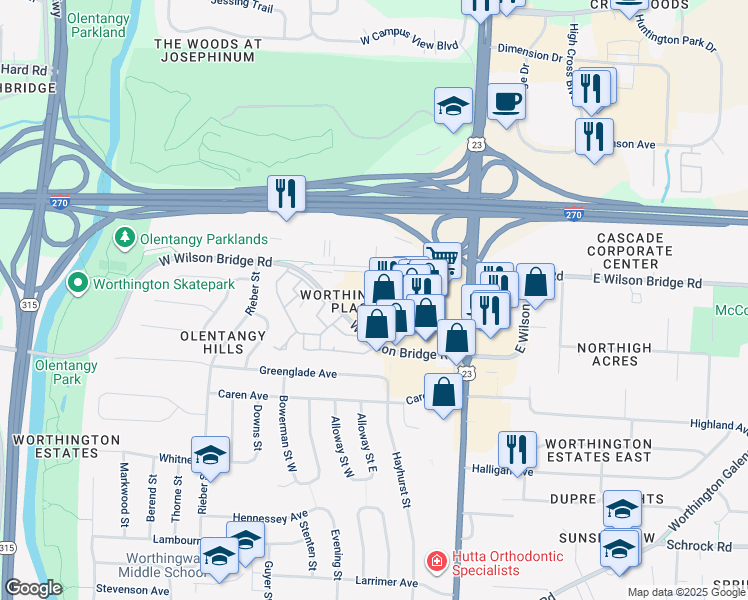 map of restaurants, bars, coffee shops, grocery stores, and more near 7227 North High Street in Worthington